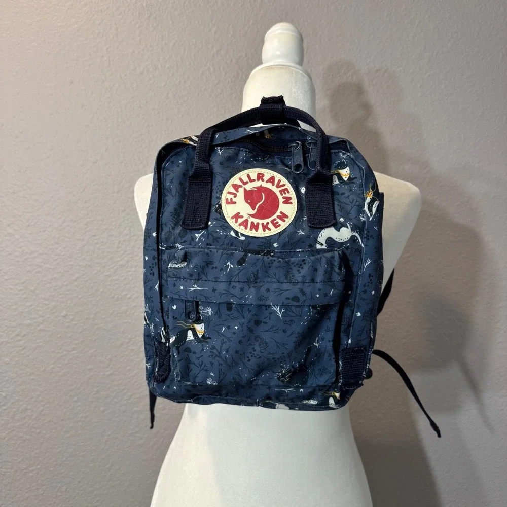 Fjallraven Kanken Mini Blue Fable Print Mini Backpack Shoulder Strap Handle